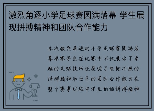 激烈角逐小学足球赛圆满落幕 学生展现拼搏精神和团队合作能力