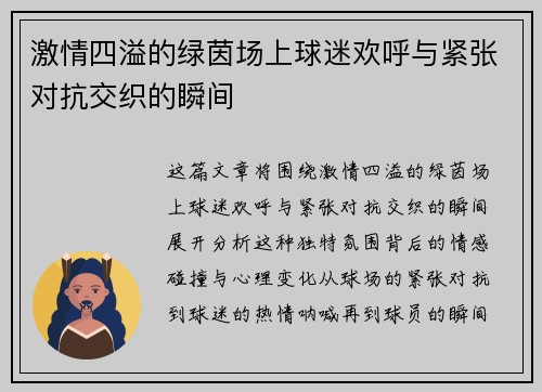 激情四溢的绿茵场上球迷欢呼与紧张对抗交织的瞬间