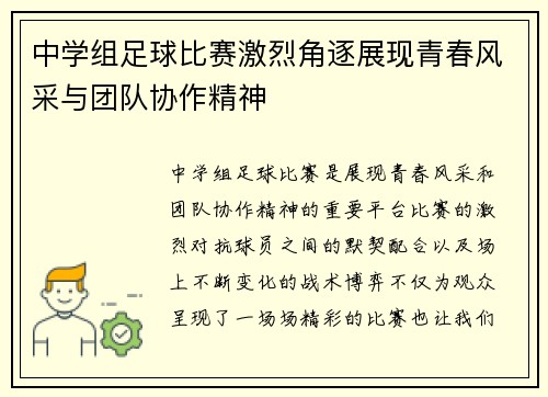中学组足球比赛激烈角逐展现青春风采与团队协作精神