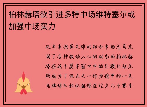 柏林赫塔欲引进多特中场维特塞尔或加强中场实力