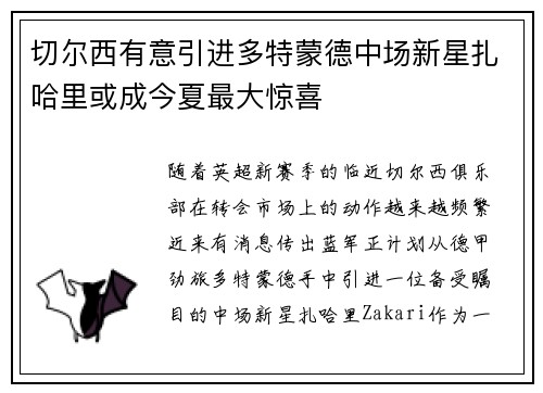 切尔西有意引进多特蒙德中场新星扎哈里或成今夏最大惊喜