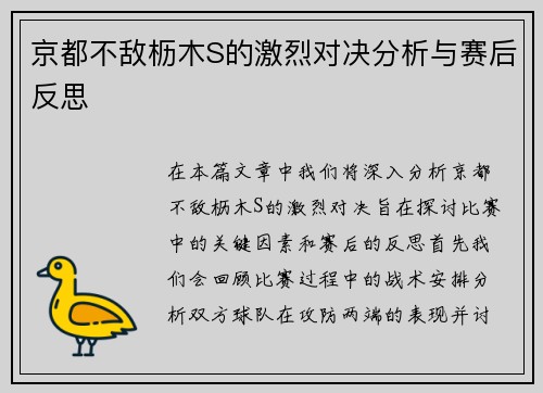 京都不敌枥木S的激烈对决分析与赛后反思