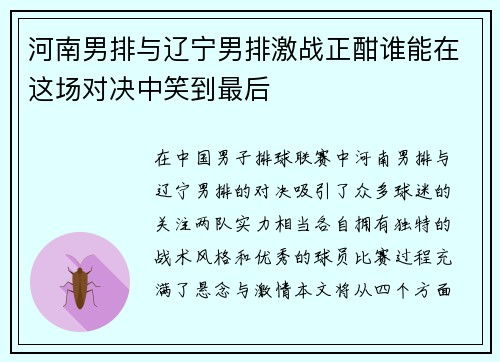 河南男排与辽宁男排激战正酣谁能在这场对决中笑到最后