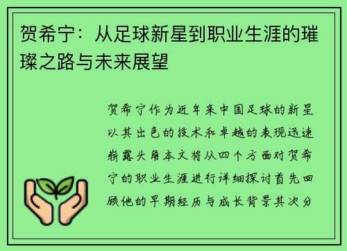 贺希宁：从足球新星到职业生涯的璀璨之路与未来展望
