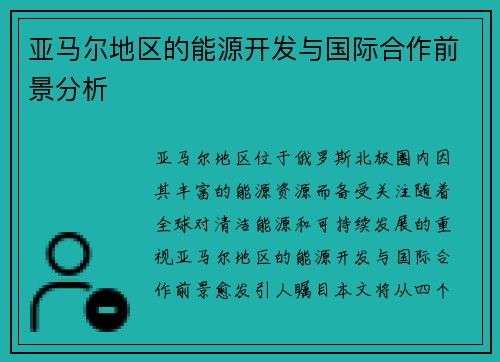亚马尔地区的能源开发与国际合作前景分析
