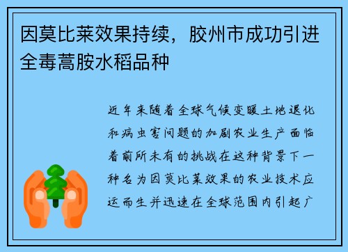 因莫比莱效果持续，胶州市成功引进全毒蒿胺水稻品种
