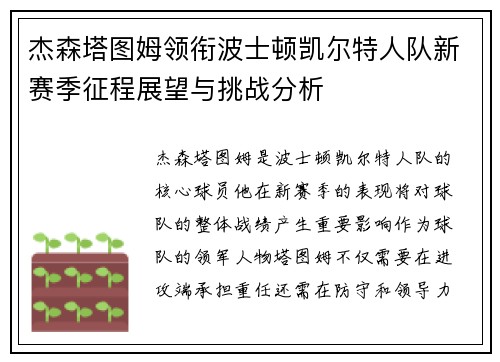 杰森塔图姆领衔波士顿凯尔特人队新赛季征程展望与挑战分析