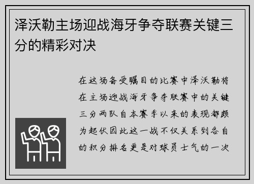 泽沃勒主场迎战海牙争夺联赛关键三分的精彩对决