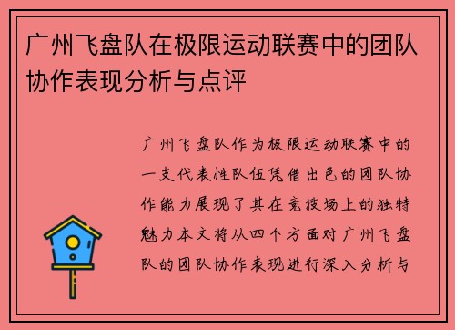 广州飞盘队在极限运动联赛中的团队协作表现分析与点评