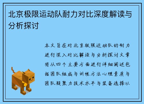 北京极限运动队耐力对比深度解读与分析探讨