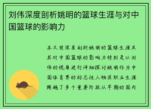 刘伟深度剖析姚明的篮球生涯与对中国篮球的影响力